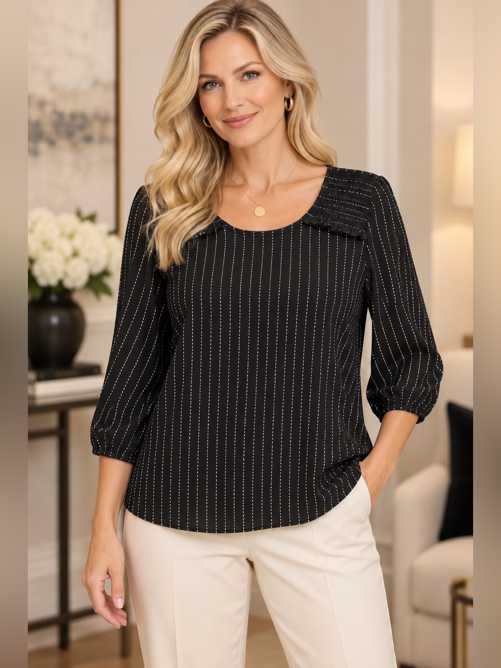 Adrianna Papell Black Cream Pinstripe Blouse Size L Smocked Ruffle